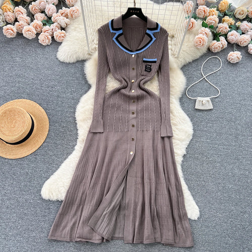 Load image into Gallery viewer, Women Elegant Patchwork Embroidery Knit Sweater Long Dress Autumn Winter Casual Fashion Slim Long Sleeve Button Dresses New 2023
