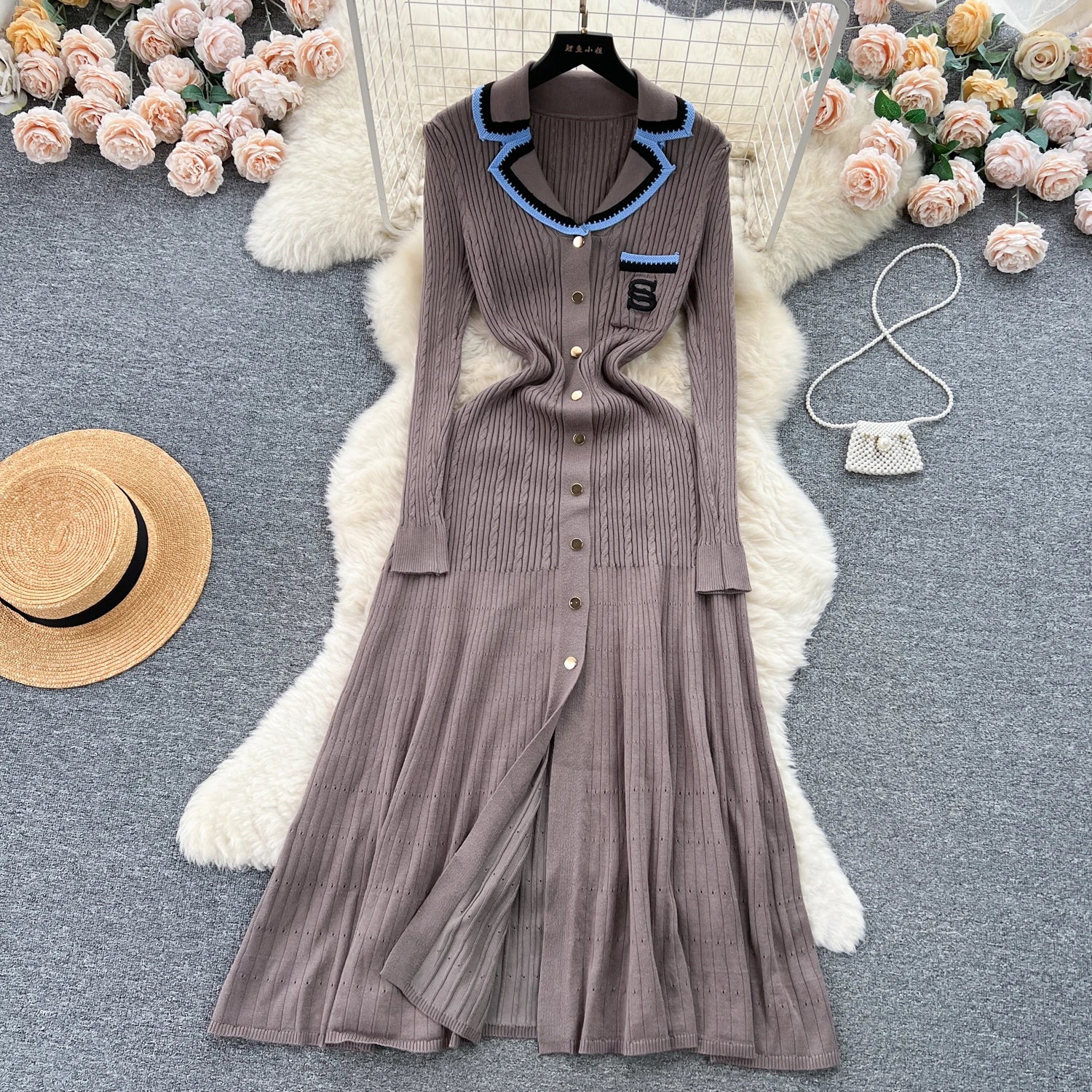 Women Elegant Patchwork Embroidery Knit Sweater Long Dress Autumn Winter Casual Fashion Slim Long Sleeve Button Dresses New 2023