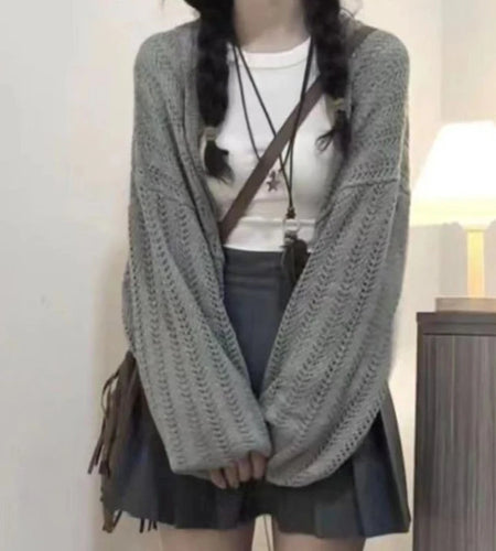 Sun Protection Y2k Aesthetic Solid Women Cardigan Hollow Out Loose Streetwear Knitted Harajuku Casual Vintage Grunge Crop Tops