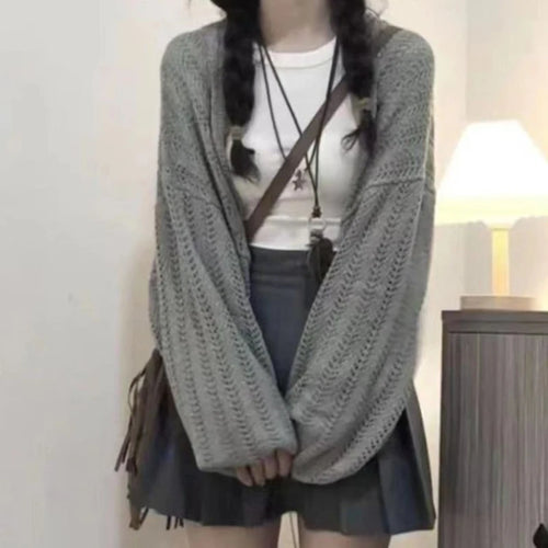 Load image into Gallery viewer, Sun Protection Y2k Aesthetic Solid Women Cardigan Hollow Out Loose Streetwear Knitted Harajuku Casual Vintage Grunge Crop Tops
