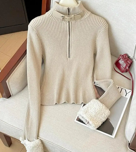 Korean Fashion Autumn Winter Black Elegant Long Sleeves Knit Sweater Women's Beige Half Zipper Pullover Short Tops Popular Trend