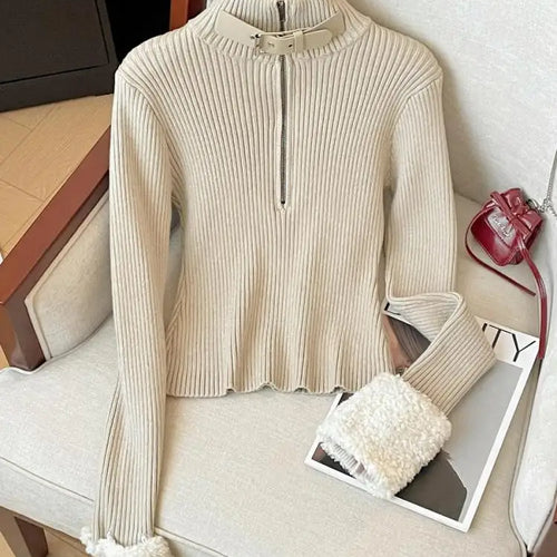 Load image into Gallery viewer, Korean Fashion Autumn Winter Black Elegant Long Sleeves Knit Sweater Women's Beige Half Zipper Pullover Short Tops Popular Trend
