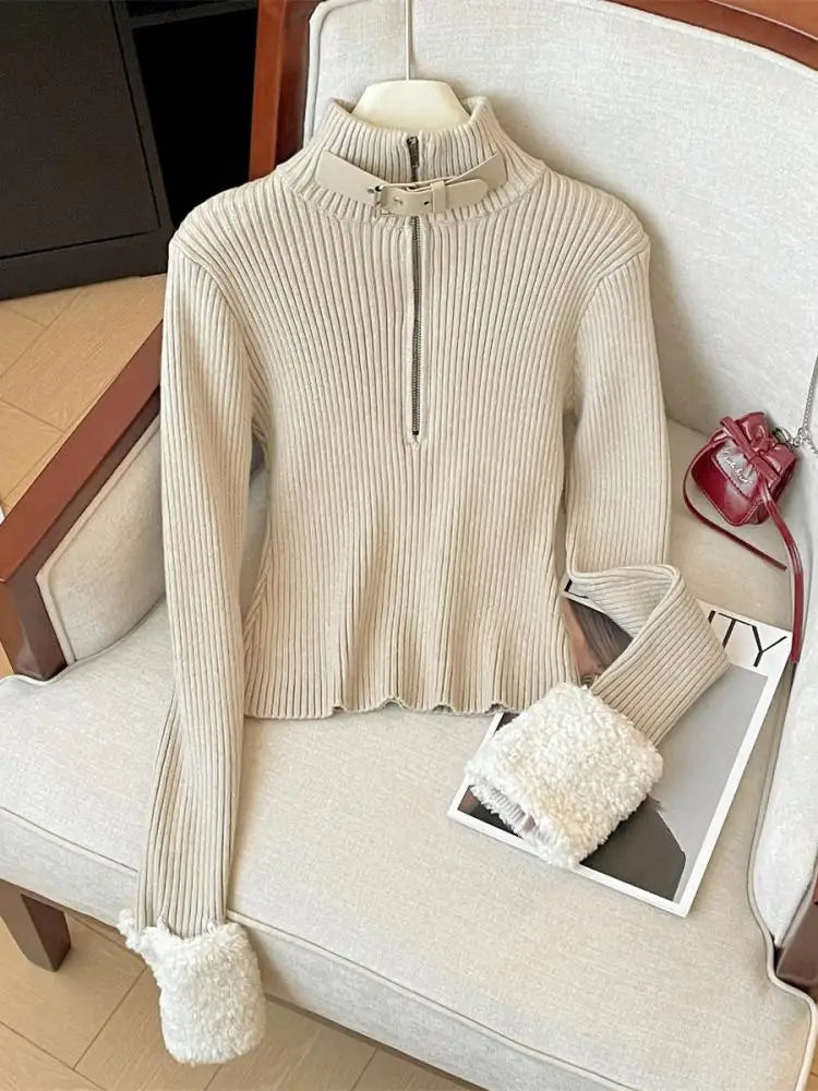 Korean Fashion Autumn Winter Black Elegant Long Sleeves Knit Sweater Women's Beige Half Zipper Pullover Short Tops Popular Trend