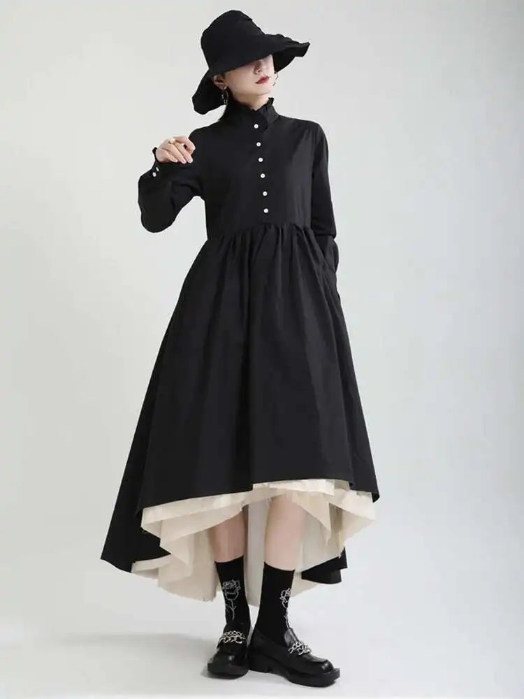 Women Black Layers Irregular Long Elegant Dress New Stand Collar Long Sleeve Fashion Tide Spring Autumn 2025 1DH9894