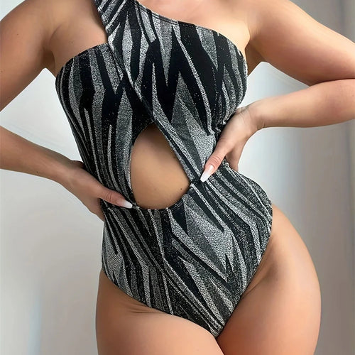 Load image into Gallery viewer, One Shoulder Print Swimwear Women Hollow Out One Piece Swimsuit High Waist Monokini Female Bathing Suit Beachwear
