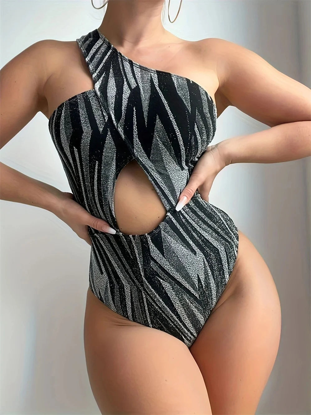 One Shoulder Print Swimwear Women Hollow Out One Piece Swimsuit High Waist Monokini Female Bathing Suit Beachwear