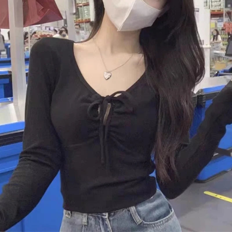 y2k Tops Women Aesthetic Clothing Solid Color V Neck Long Sleeve Cropped T Shirts 2000s Coquette Clothes Streetwear