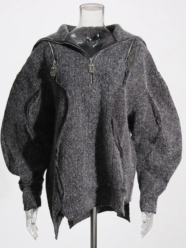 Zipper Off Shoulder Sweater For Women Turtleneck Long Sleeve Solid Knitting Minimalist Sweaters Female Clothing