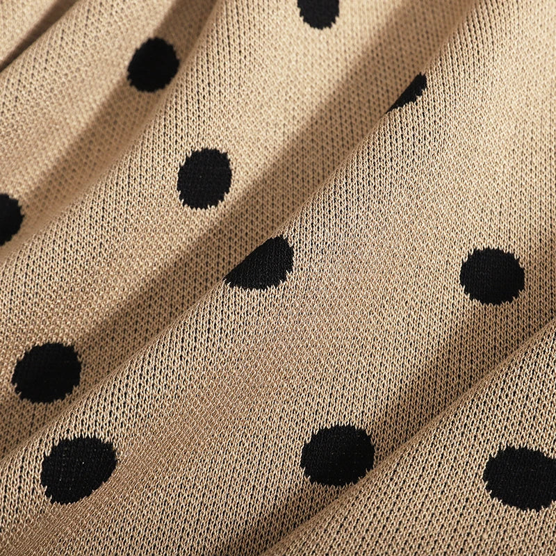 French Retro Summer Set Black Brown Polka Dot Round Neck Short Sleeved Knit T-shirt Top And High Waist Long Skirt Women Suit New