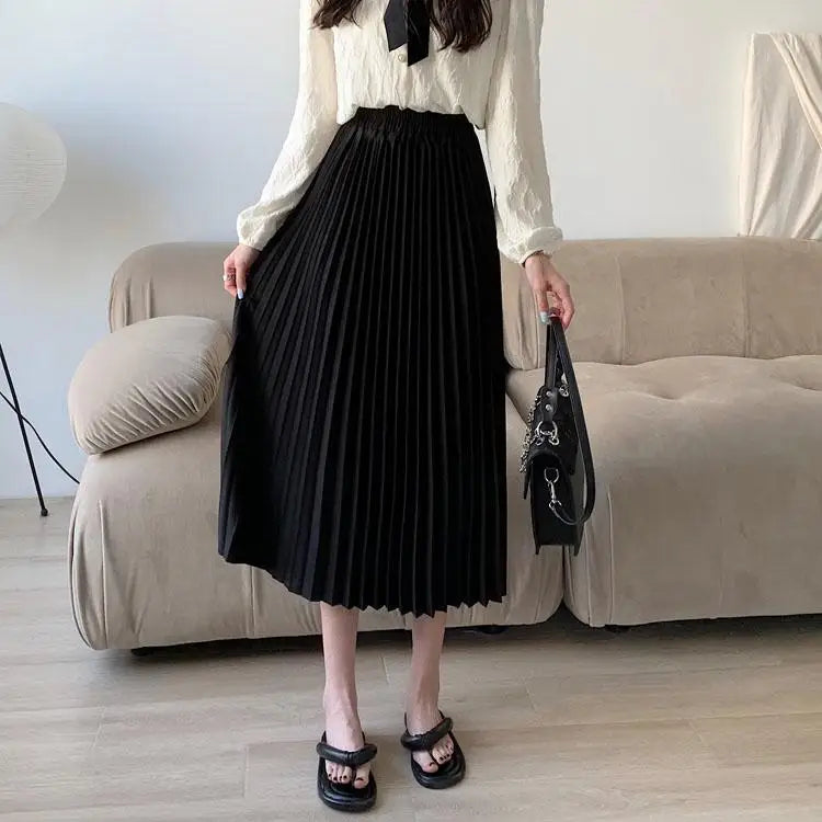 Spring Summer Black Beige High Waist Pleated Long Skirts Korean Fashion Women Blue Yellow Versatile A-line Half Skirt Streetwear