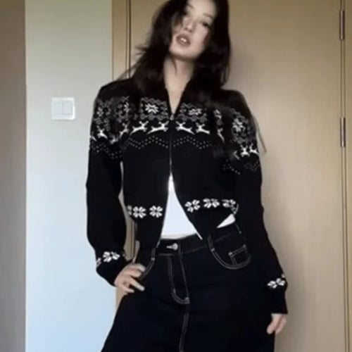 Load image into Gallery viewer, Streetwear Women Double Zipper Vintage Print Knitwear Slim Harajuku Casual Grunge Sweater Female Y2k Aesthetic Knitted Cardigans
