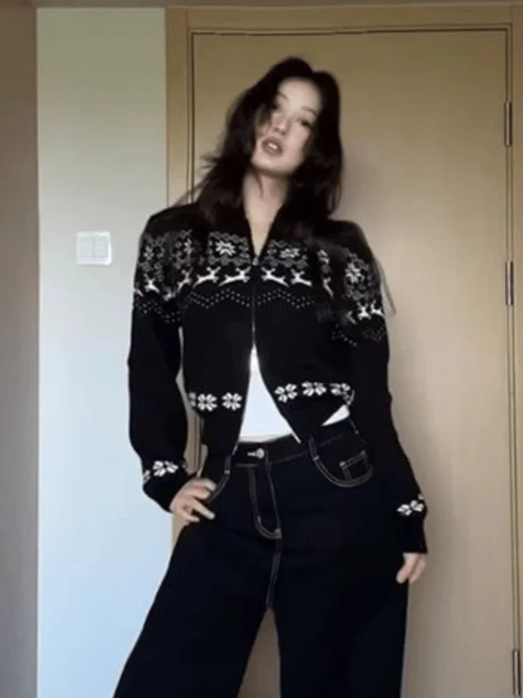 Streetwear Women Double Zipper Vintage Print Knitwear Slim Harajuku Casual Grunge Sweater Female Y2k Aesthetic Knitted Cardigans