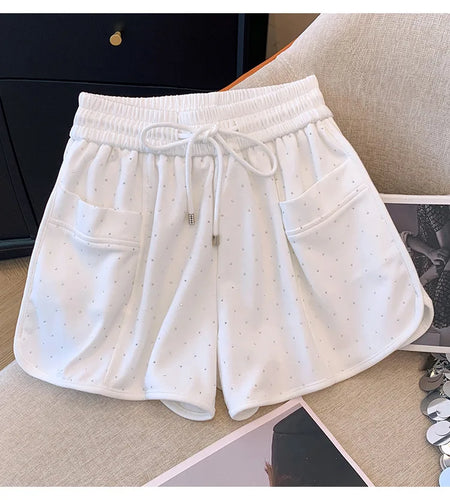 New Black White Diamond Shorts For Women Spring Summer Fashion Elastic Waist Drawstring Lace-up A-line Wide Leg Short Pant