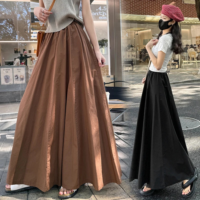 Spring Summer Women Black White Elegant Oversized Long Skirt French Fashion Brown High Waist Vacation Pleated Half Skirt Popular