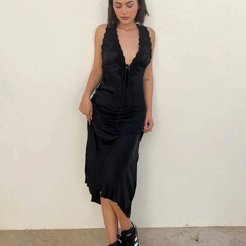 Load image into Gallery viewer, Sexy Lace Camisole Open Back Dress For Women Satin Lace Up Bodycon Long Dress Female Elegant Party Club Evening Dress
