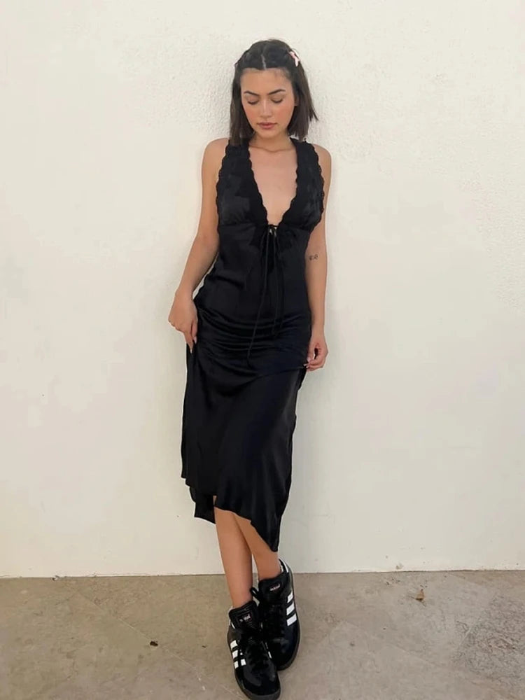 Sexy Lace Camisole Open Back Dress For Women Satin Lace Up Bodycon Long Dress Female Elegant Party Club Evening Dress