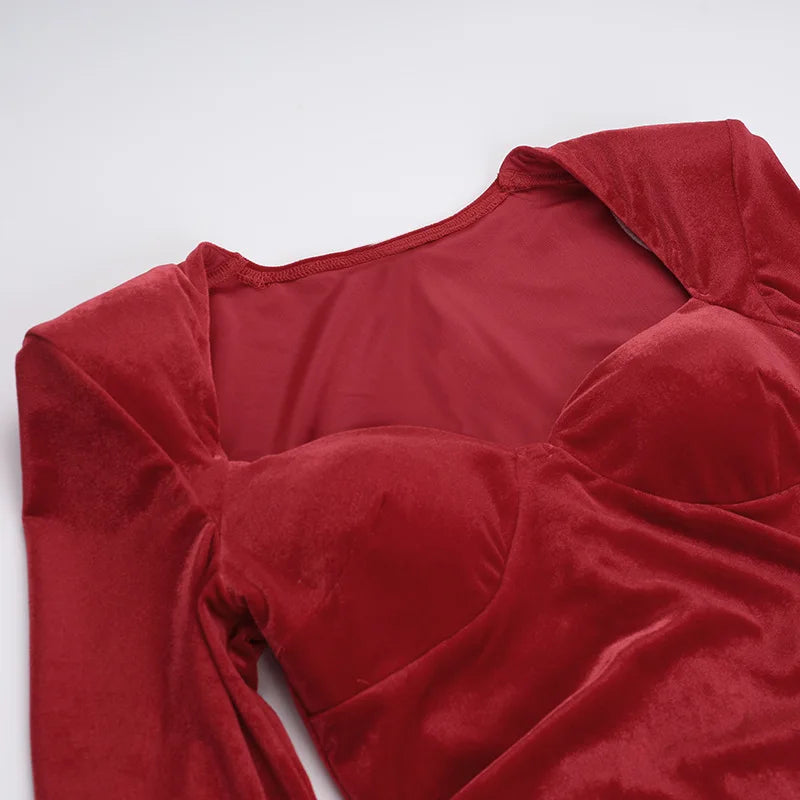 Velvet Long Sleeve Sexy Mini Dress For Women Autumn Winter New Square Collar Bodycon Ruched Club Party Dress Elegant