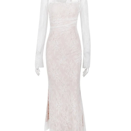 Load image into Gallery viewer, Elegant Lace Print Maxi Dress Set Women Fashion Spaghetti Strap Long Sleeve Bodycon Club Party Sexy Long Dress
