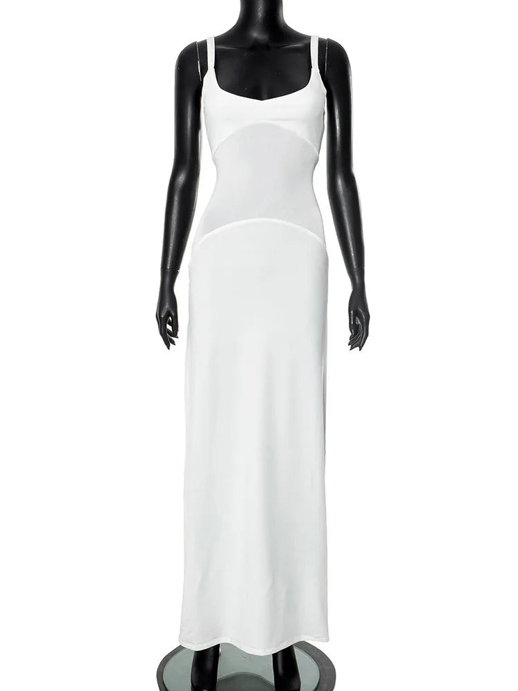 Mesh Patchwork Sexy Maxi Dress For Women Gown Spaghetti Strap Sleeveless Backless Bodycon Elegant Club Long Dress