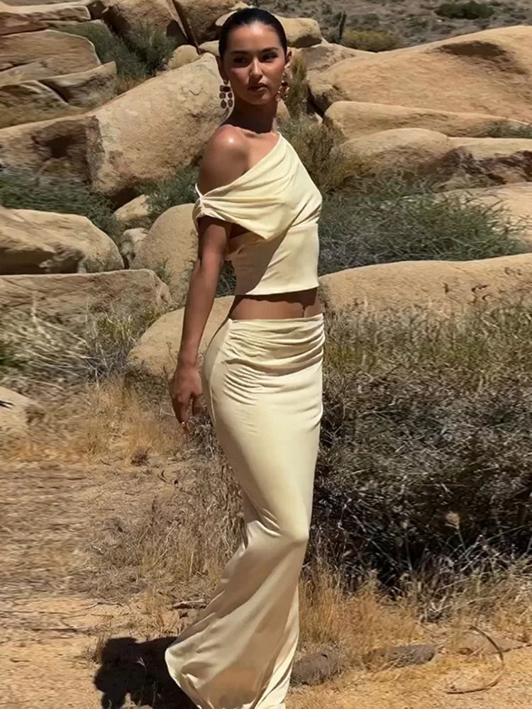 Sexy Skirt Two Pieces Sets For Women Sleeveless Slim Fit Off-shoulder Crop Top And Long Skirt Sexy Two Pieces Sets