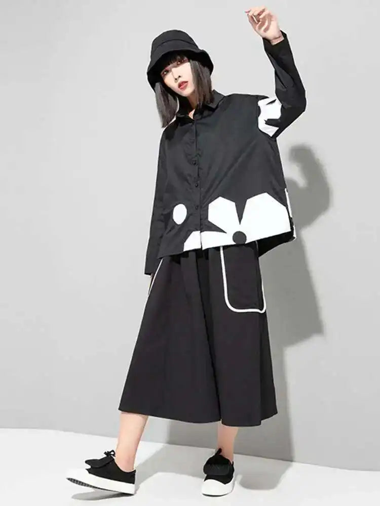 Women Black Flower Pattern Big Size Blouse New Lapel Long Sleeve Loose Fit Shirt Fashion Tide Spring Autumn 2025 1DE6302
