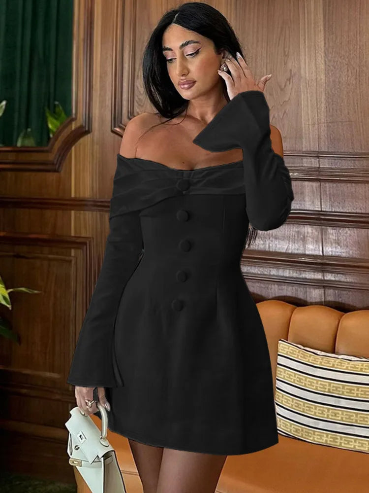 Fashion Long Sleeve Button Bodycon Women Dress 2024 Autumn New Skirt Sexy Slim One Shoulder Party Club Evening Dress