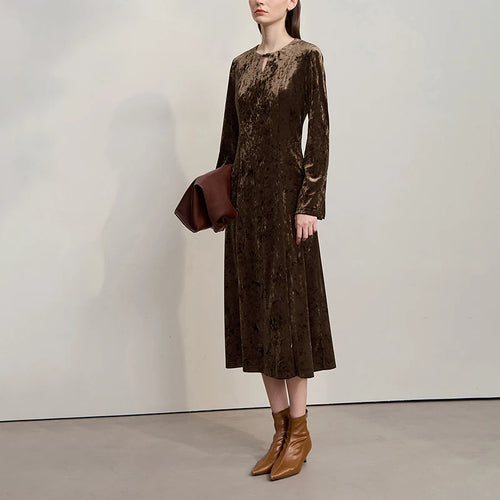 Womens Dresses 2025 Autumn New Retro Long Sleeves A-Line Dress Ladies O-neck Slim Knitted Elegance Woman Clothing 12553103