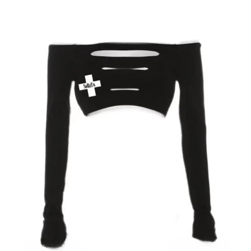 Load image into Gallery viewer, Harajuku Hollow Out Cross Letter Print Women's T-Shirts Y2k Grunge Slash Neck Tees Sexy Slim All Match Long Sleeve Crop Top
