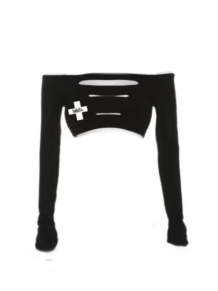 Harajuku Hollow Out Cross Letter Print Women's T-Shirts Y2k Grunge Slash Neck Tees Sexy Slim All Match Long Sleeve Crop Top