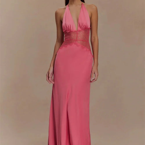 Load image into Gallery viewer, Summer Backless Sexy Maxi Dress Women Gown Patchwork Lace Halter Deep V Neck Sleeveless High Waist Elegant Long Dress
