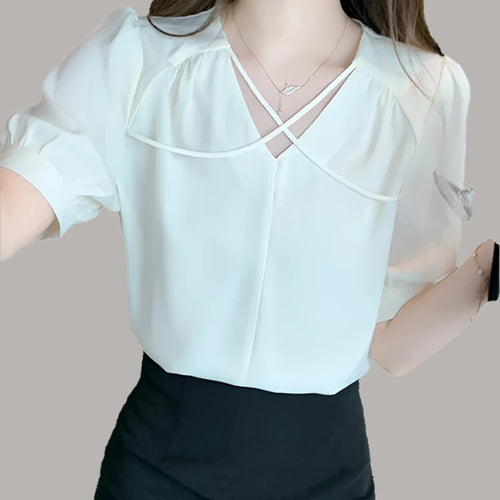 Load image into Gallery viewer, Apricot Puff Sleeve V-neck Elegant Blouses Summer New Solid Color Simple Female Workwear Korean Style Chic Women&#39;s Blouse
