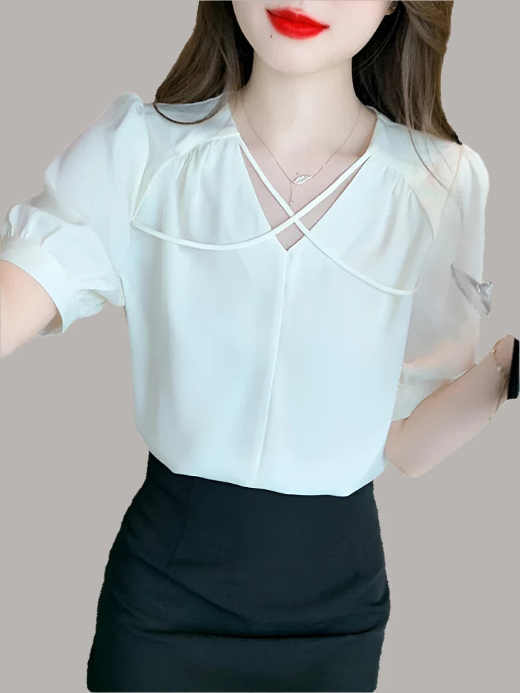 Apricot Puff Sleeve V-neck Elegant Blouses Summer New Solid Color Simple Female Workwear Korean Style Chic Women's Blouse