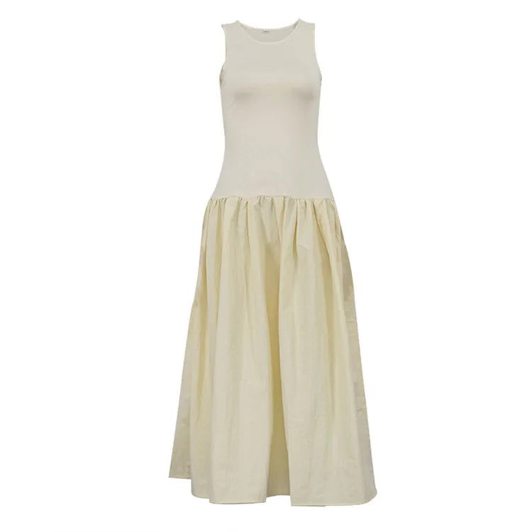 Patchwork Sleeveless Maxi Dress For Women Autumn New Casual Solid O Neck Loose A-line Long Tank Dress Elegant Fashion