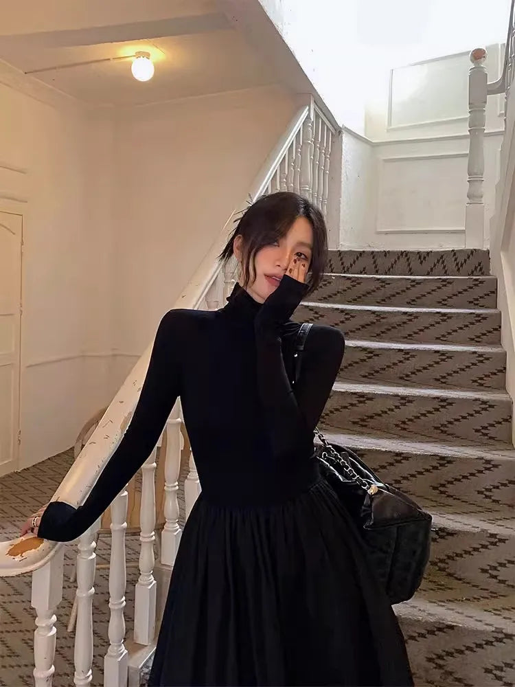 Women's New French Vintage Black Slim Temperament High-grade Temperament Knit Dress Autumn Winter Elegant Party Long Dress Trend