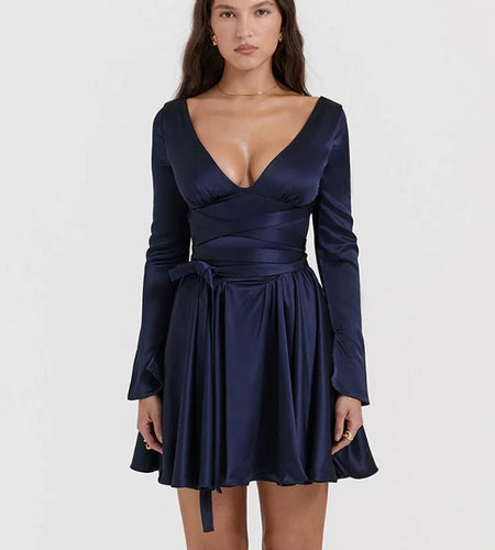 Autumn and Winter Long Sleeve Dress Navy Blue Long Belt A Line Mini Dress V Neck Casual Women's Clothing