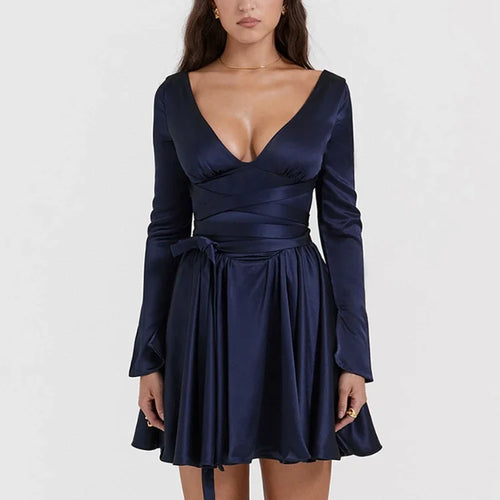 Load image into Gallery viewer, Autumn and Winter Long Sleeve Dress Navy Blue Long Belt A Line Mini Dress V Neck Casual Women's Clothing
