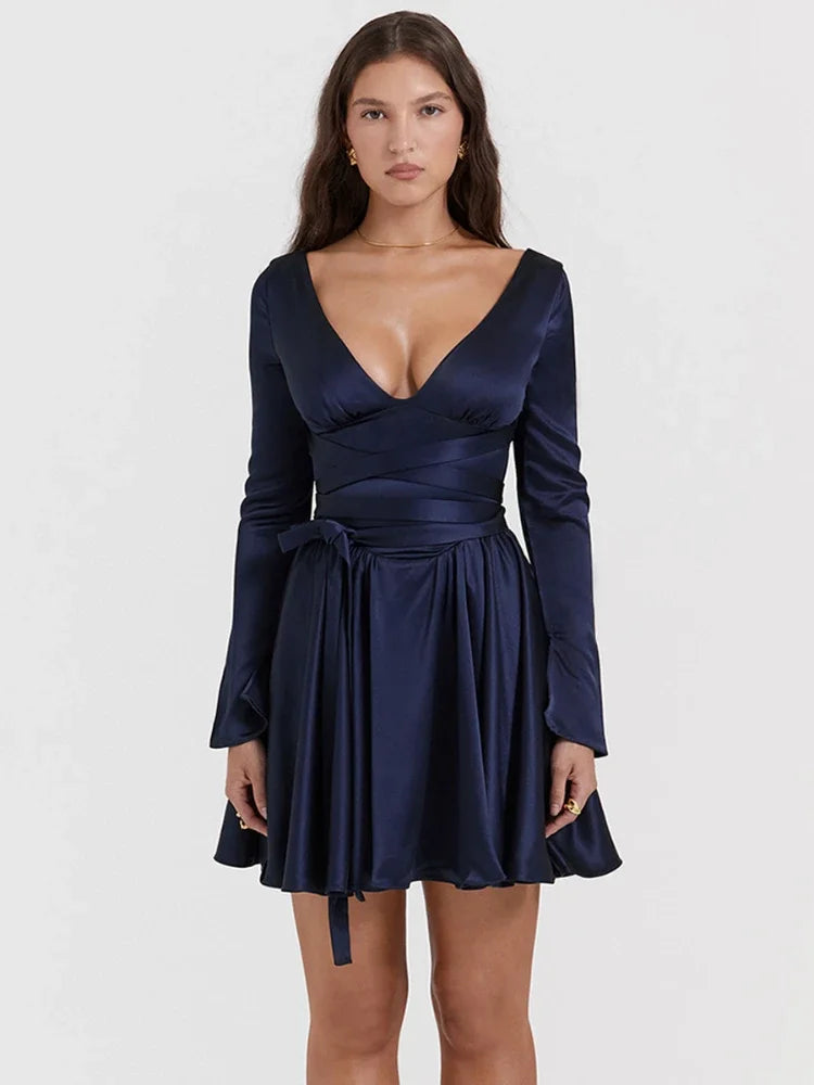 Autumn and Winter Long Sleeve Dress Navy Blue Long Belt A Line Mini Dress V Neck Casual Women's Clothing