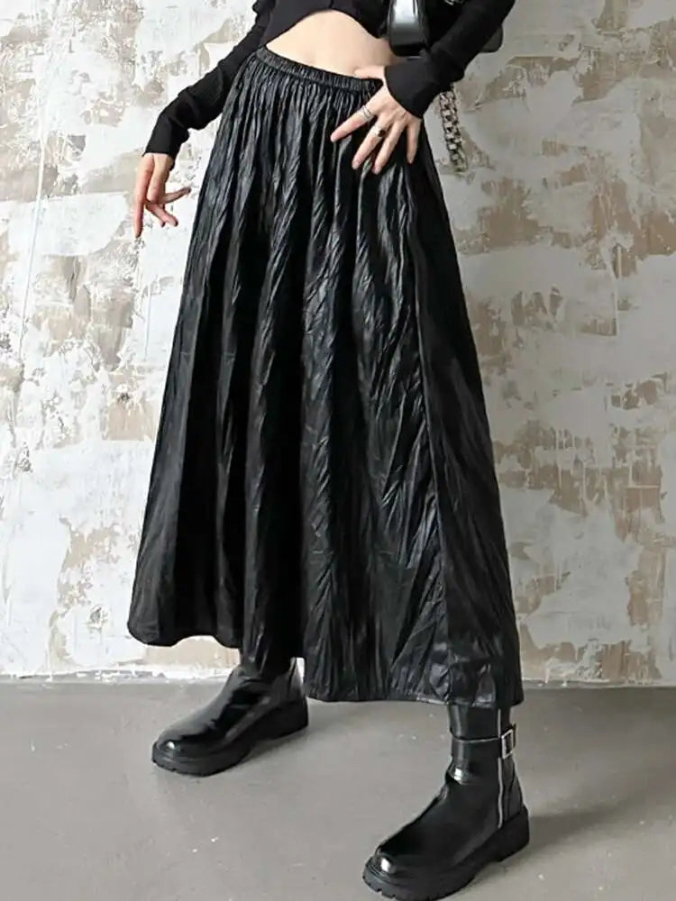 High Elastic Waist Coffee Pleated Midi Pu Leather Half-body Skirt Women Fashion Tide New Spring Autumn 2025 1DH1592