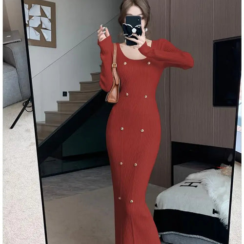 Load image into Gallery viewer, French Retro Square Neck Button Knitted Bodycon Dresses Women 2023 Autumn Winter Long Sleeve Sweater Long Dress Clothes Popular

