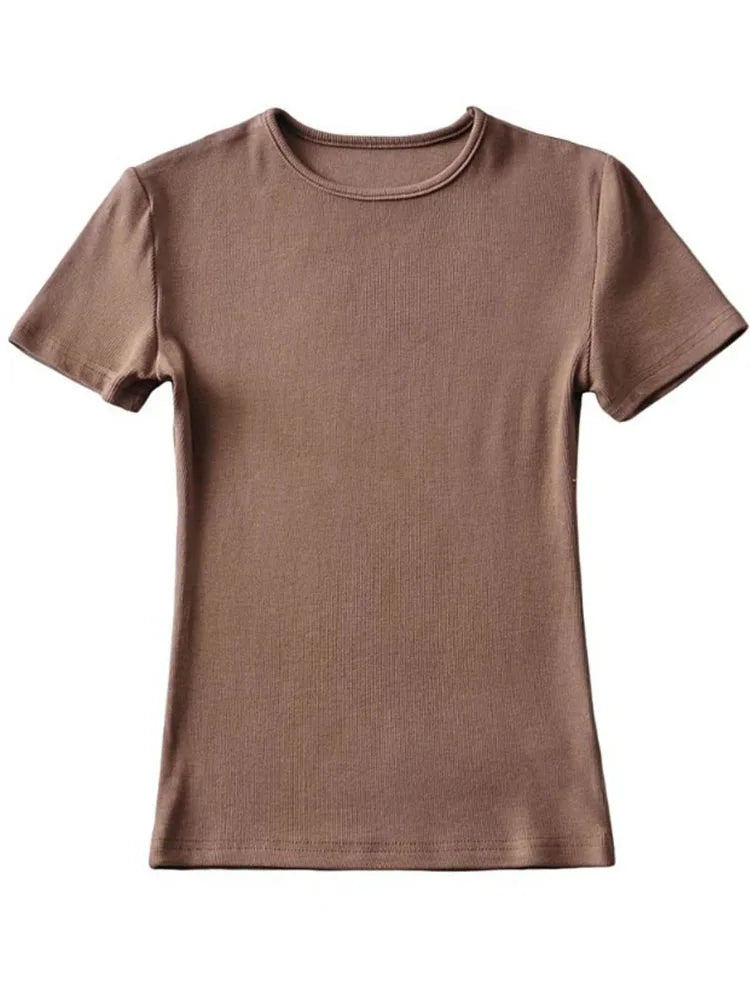 Casual Summer Woman Skinny Fit T-shirt Tight Short-Sleeve O-neck Tee Basic Solid Crop Tops T Shirt