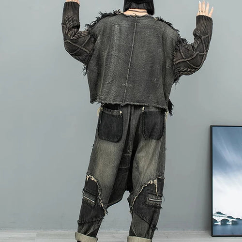 Load image into Gallery viewer, Black Denim Burr Big Size Knitting Sweater Round Neck Long Sleeve Women Pullovers New Fashion Spring Autumn 2025 1DH9546
