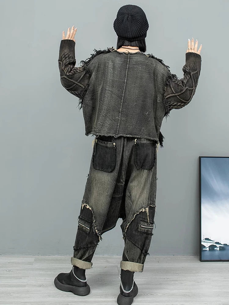 Black Denim Burr Big Size Knitting Sweater Round Neck Long Sleeve Women Pullovers New Fashion Spring Autumn 2025 1DH9546