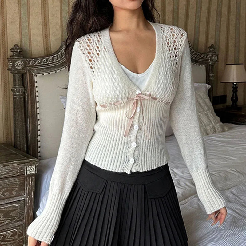 Casual White Basic Autumn Cardigan Women Korean Fashion Buttons Up Knit Sweater Crop Front Tie-Up Hollow Out Knitwear