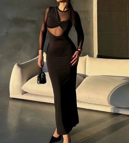 Elegant Mesh Patchwork Bodycon Party Club Evening Dress For Women 2025 Spring New Long Sleeve Slimming Sheer Vestido