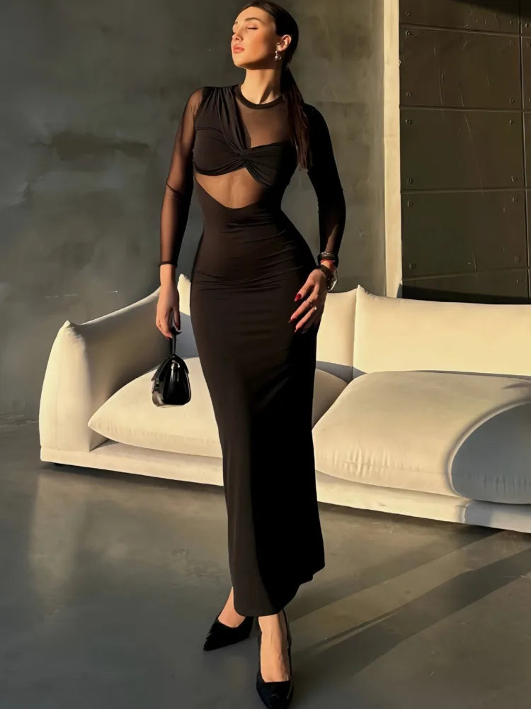 Elegant Mesh Patchwork Bodycon Party Club Evening Dress For Women 2025 Spring New Long Sleeve Slimming Sheer Vestido