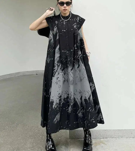Women Black Pattern Printed Big Size Midi Shirt Dress New Stand Collar Sleeveless Fashion Tide Spring Summer 2025 1DH5837