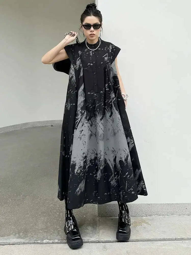 Women Black Pattern Printed Big Size Midi Shirt Dress New Stand Collar Sleeveless Fashion Tide Spring Summer 2025 1DH5837