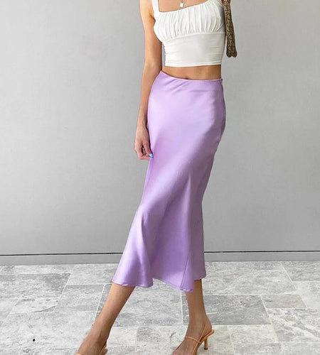 Solid Purple Satin Silk Skirt Women High Waisted Summer Long Skirt New 2024 Elegant Ladies Office Skirts Midi Spring