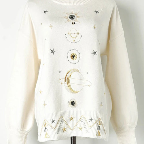 Load image into Gallery viewer, Design Starry Sky Embroidery Sweater High-End Autumn Winter Loose Jumper Women Sweater Pullover Knit Top Runway C-055

