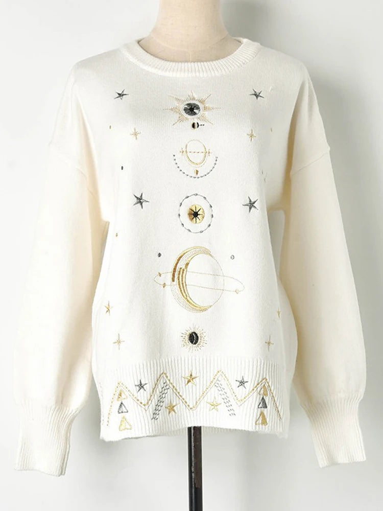 Design Starry Sky Embroidery Sweater High-End Autumn Winter Loose Jumper Women Sweater Pullover Knit Top Runway C-055